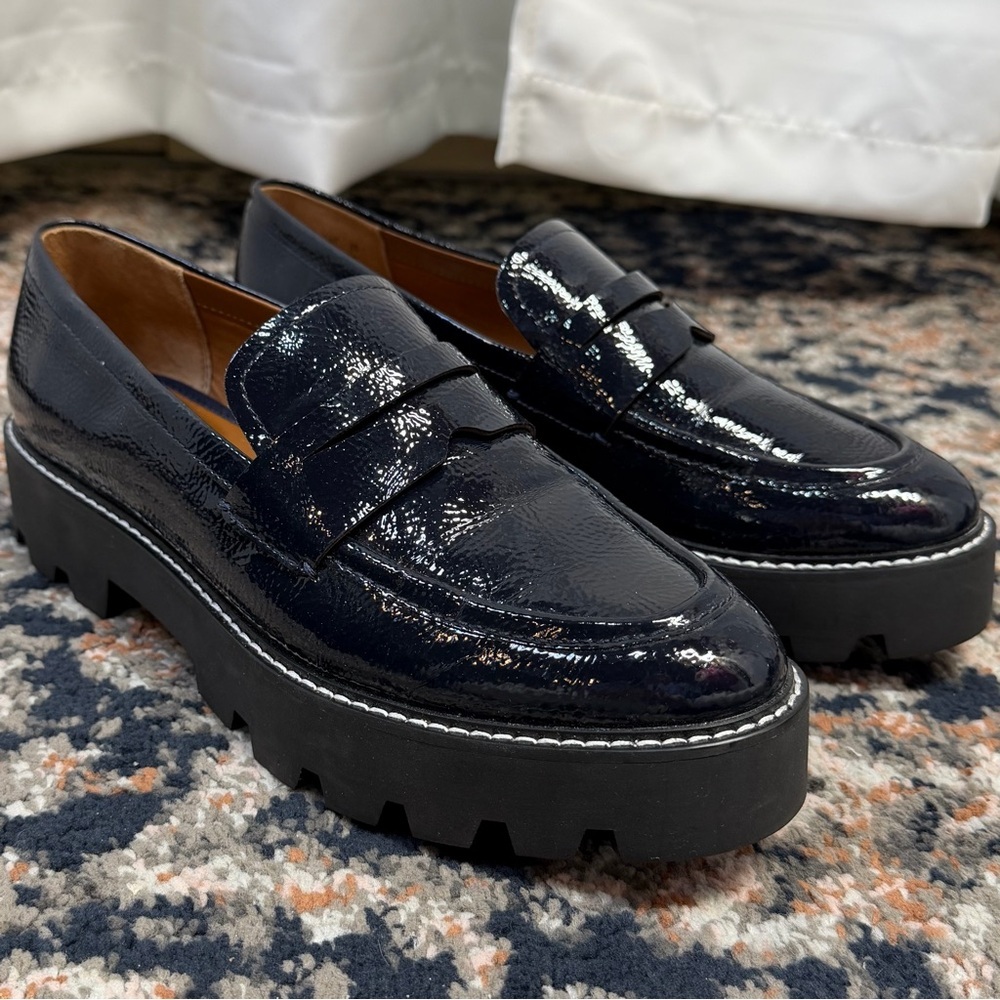 Franco Sarto ‘Balin’ Lug Sole Chunky Loafer in Navy Blue Patent Leather Size 10 - Picture 12 of 16